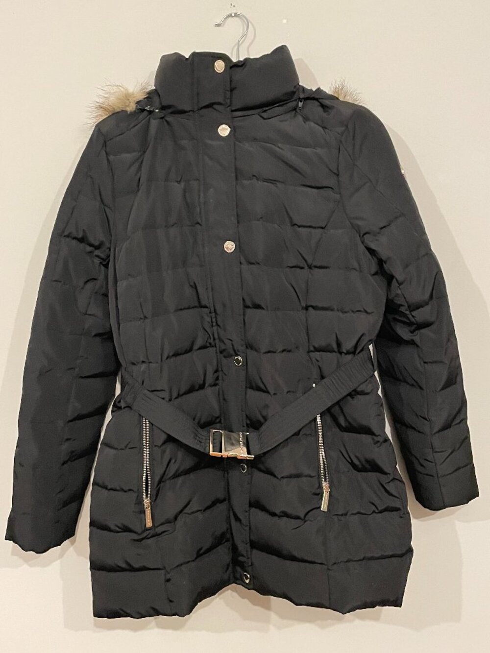 Michael Kors Women’s Black Belted Puffer Coat Faux Fur Hood Size Medium